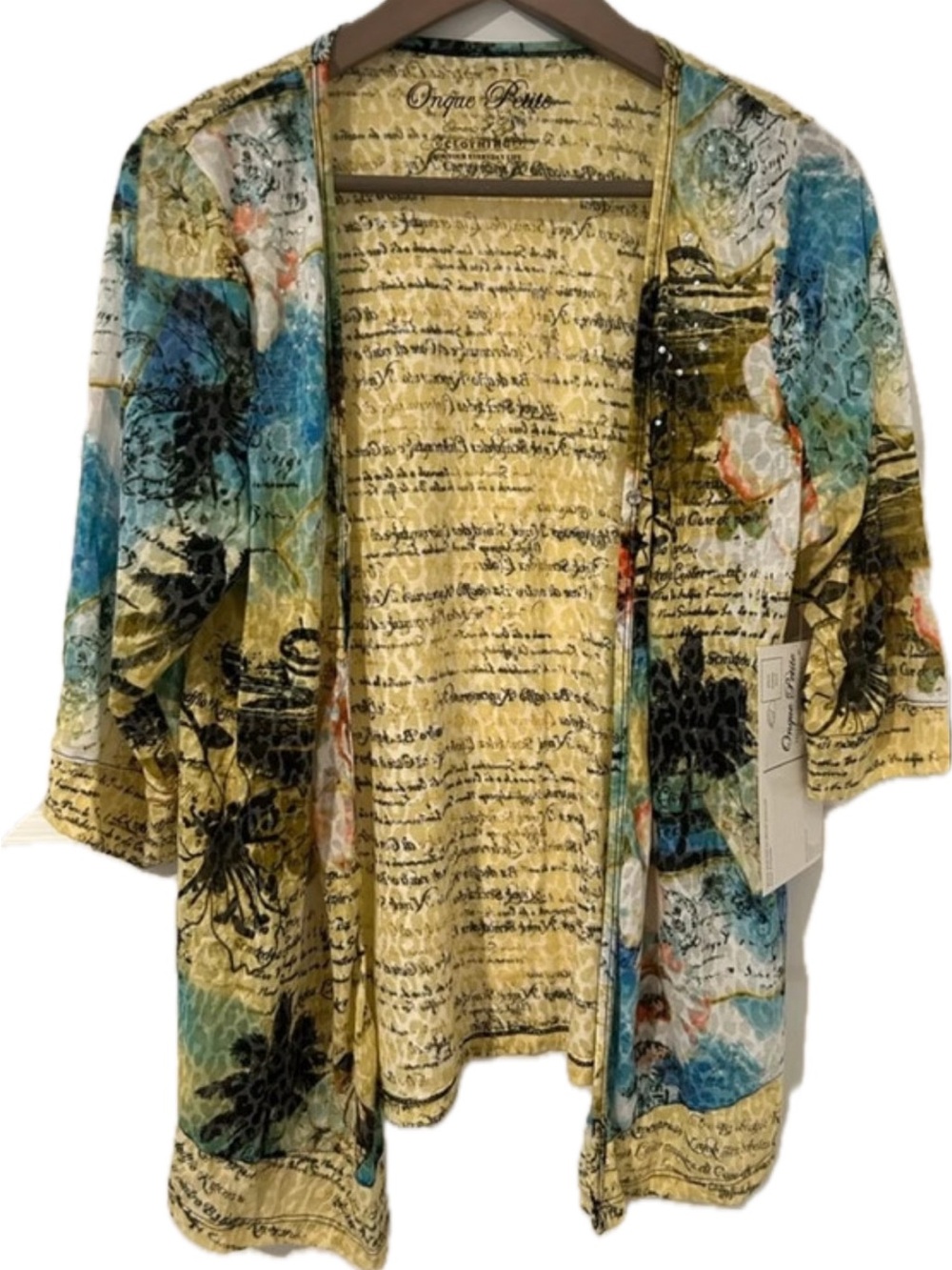 Onque tropical 3/4 sleeve coverup kimono, green blue, size PXL